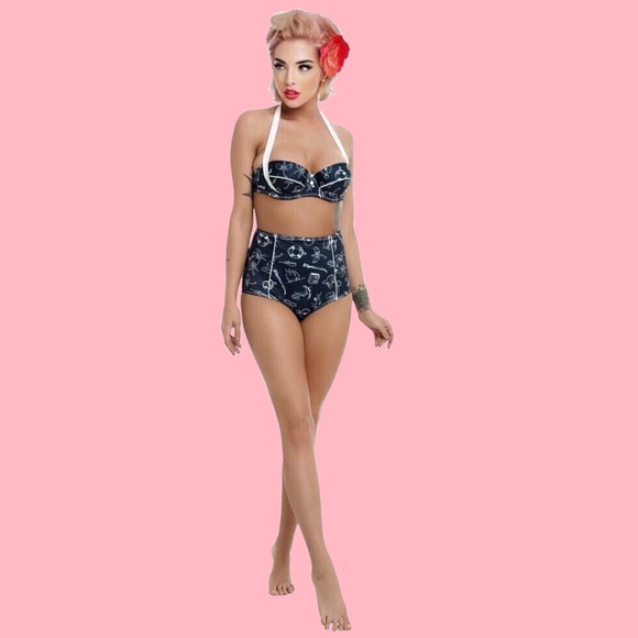 🌺Nautical Hell Bunny Marin Rockabilly Swim Top - Picture 2 of 8